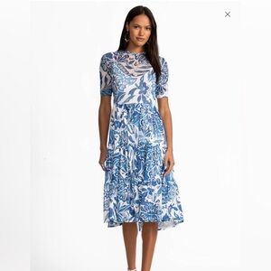 NWT! Retail $225 Johnny Was Blue and White Floral Tiered Midi Dress